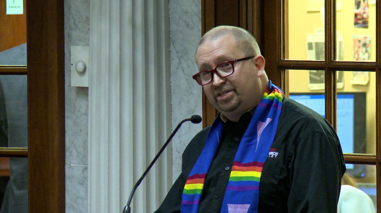 LGBTQ+ advocates, like Rev. Chad Abbott, testified against a controversial bill passed out of a Senate committee Wednesday that requires teachers to notify parents if students request a name, title or pronoun change in the classroom. - Violet Comber-Wilen/IPB News