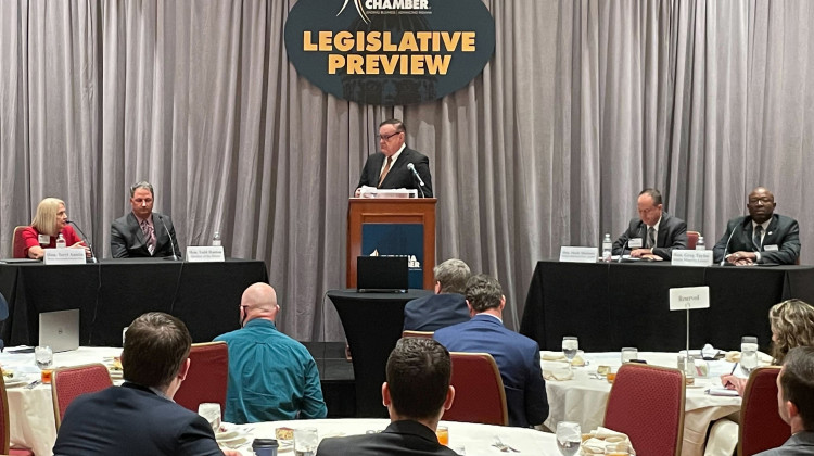 Legislative leaders discuss the upcoming 2022 session on a panel organized by the Indiana Chamber of Commerce.  - Alan Mbathi/IPB News