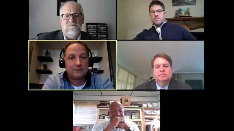 The four legislative caucus leaders, (starting from top right, going clockwise) Sen. Rodric Bray (R-Martinsville), Rep. Phil GiaQuinta (D-Fort Wayne), Sen. Greg Taylor (D-Indianapolis) and Speaker Todd Huston (R-Fishers) discuss the upcoming session with Indiana Chamber of Commerce Vice President Tom Schuman. - Screenshot of Zoom call