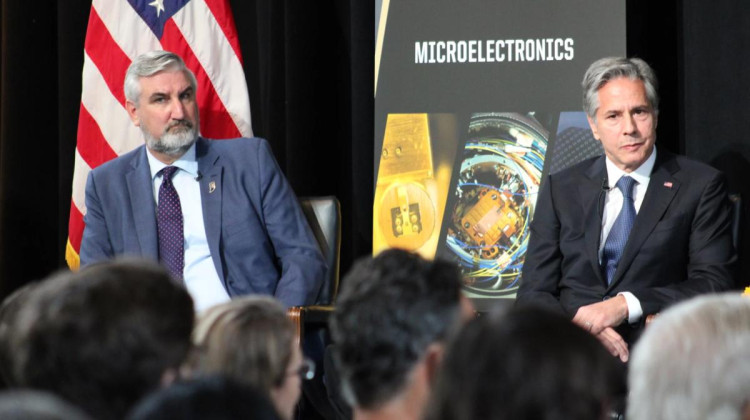 Gov. Eric Holcomb and U.S. Secretary of State Anthony Blinken participated in an event at Purdue University on Sept. 13, 2022 to tout the CHIPS and Science Act.  - Ben Thorp/WBAA News