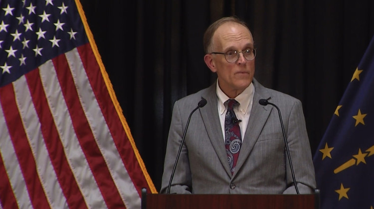 Indiana Commissioner for Higher Education Chris Lowery talks during the annual state of higher education address at the Indiana Statehouse on Monday, April 15, 2024. - WFYI