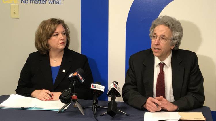 Planned Parenthood of Indiana and Kentucky CEO Christie Gillespie, left, and ACLU of Indiana Legal Director Ken Falk discuss their latest legal victory over the state of Indiana in an abortion lawsuit. - Brandon Smith/IPB News