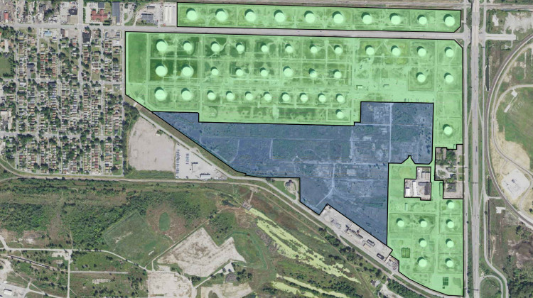 An aerial map of the old Cities Service Refinery site just east of the Calumet neighborhood in East Chicago. The green shows the CITGO oil storage facility. The blue shows the vacant property now owned by Oxy USA. - U.S. Environmental Protection Agency