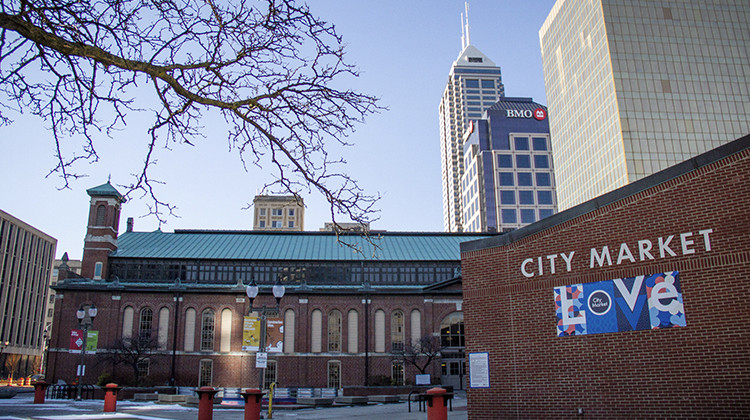 The city of Indianapolis is seeking proposals to redevelop the City Market East lot that currently holds the bike hub and a courtyard. - Doug Jaggers/WFYI