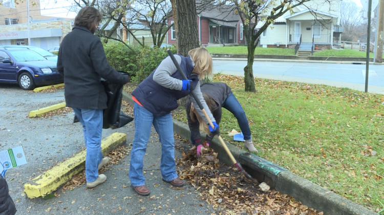 White River Alliance staff cleaning out a storm drain in the organization's office parking lot. - (Rebecca Thiele/IPB News)