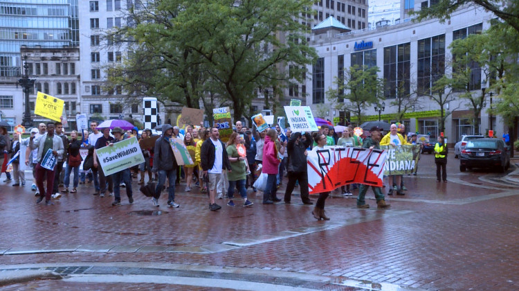 Marchers reach their destination at Christ Church Cathedral on Monument Circle in Indianapolis. - Rebecca Thiele/IPB News