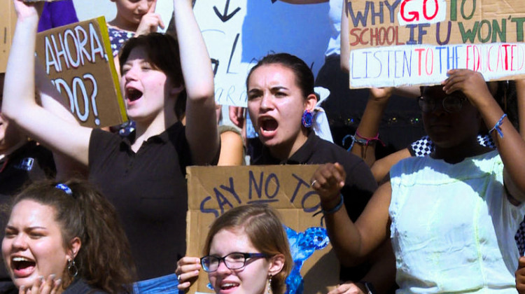 Young people chanted loudly on the Statehouse steps demanding climate justice in March last year. This year, because of social distancing guidance, activists will be unable to gather in groups. - Rebecca Thiele/IPB News