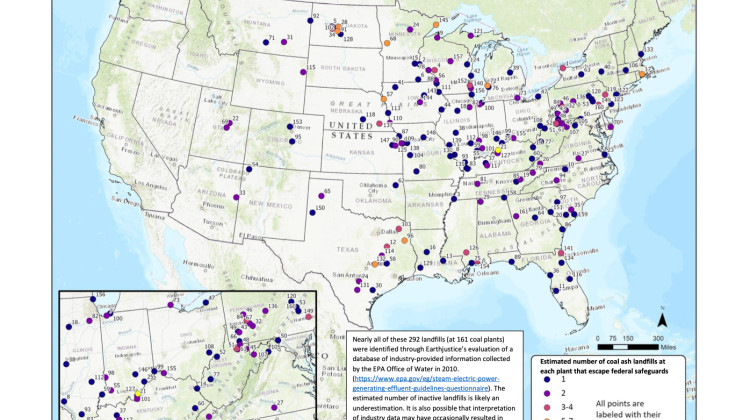 A map of coal ash landfills in the U.S. that are no longer being used. Unlike coal ash ponds, the waste is put in dry pits — but activists say it still gets wet and pollutes the groundwater. - Courtesy Of Earthjustice