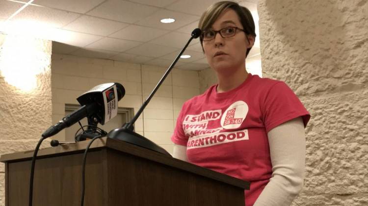 Indianapolis resident Colleen Donahoe testifies against an anti-abortion bill in a Senate committee. - Brandon Smith/IPB News