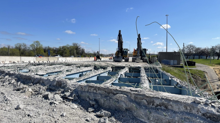 The bridge deck is removed from the I-70 bridge over Commerce - INDOT