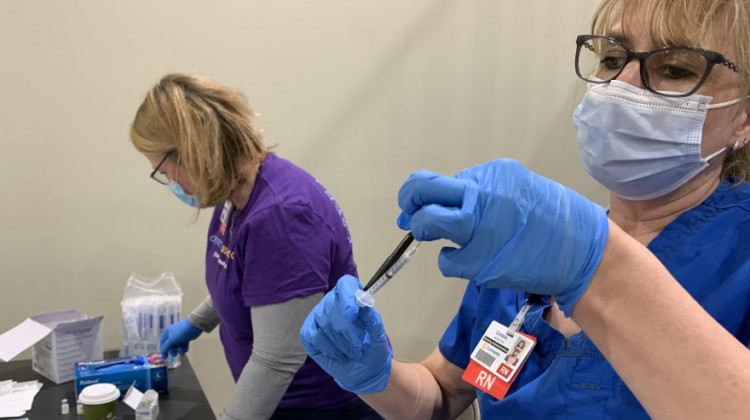 Another round of COVID-19 vaccines is on the way. The Food and Drug Administration approved vaccines from Pfizer and Moderna that target an omicron subvariant called XBB.1.5. Vaccination campaigns, like this one in San Rafael, Calif., in 2022, could resume soon. - WFYI file photo