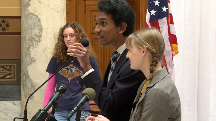 Co-leaders of the youth activist group Confront the Climate Crisis Rahul Durai (left) and Ashlyn Walker (right) said now is the time for the Indiana legislature to act on climate change.  - Rebecca Thiele/IPB News