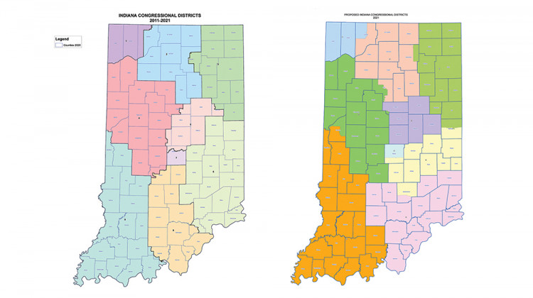 Indiana Republicans released the state House and Congressional redistricting maps Tuesday. The left map shows Congressional districts from 2011 to 2021, the right is the proposed map.  - Courtesy Indiana House Republicans