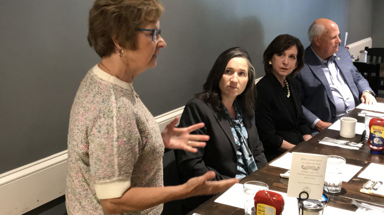 (From left) Secretary of State Connie Lawson, State Auditor Tera Klutz, and State Treasurer Kelly Mitchell meet with GOP delegates ahead of the state party convention. - Brandon Smith/IPB News