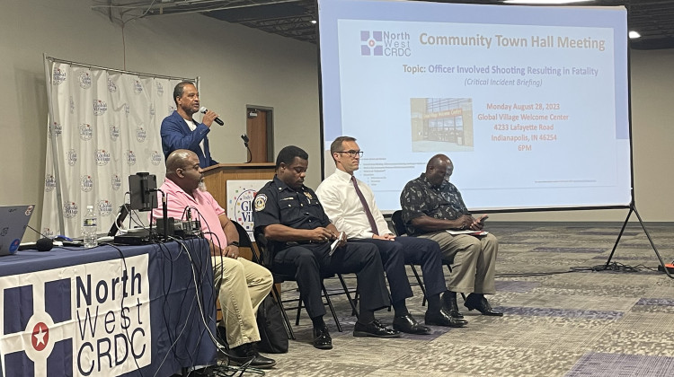 Rev. Antonio Alexander, assistant pastor at Purpose of Life Ministries, speaks during a town hall about police-involved shooting on Monday, Aug. 28, 2023 at Global Village Welcome Center was hosted by the Northwest Community Resource District Council.  - Katrina Pross / WFYI