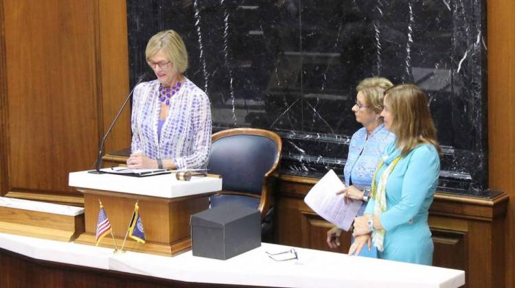 Suzanne Crouch speaks about her friend, Connie Lawson, incoming president of the National Association of Secretaries of State. - Lauren Chapman/IPB