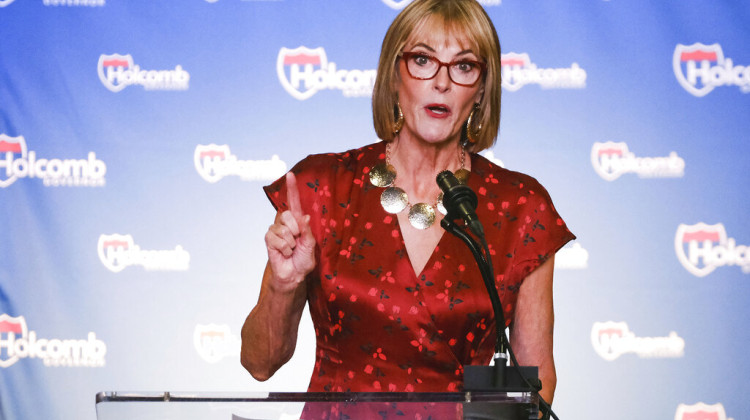Indiana Lt. Gov. Suzanne Crouch introduces Gov. Eric Holcomb to make his re-election announcement at a campaign rally in Knightstown, Ind., Saturday, July 13, 2019. Crouch formally started her 2024 campaign for governor on Monday, Dec. 12, 2022, and said she would not shy away from Holcomb's record despite discontent among many conservatives over his COVID-19 policies and other actions. - AP Photo/AJ Mast, File