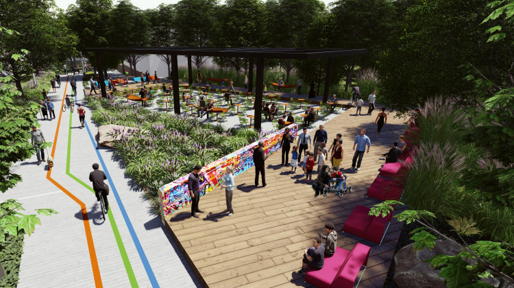 The Nickel Plate Trail Master Plan includes a cultural commons with a stage for outdoor performances and a seating and hammock zone for relaxation and near the library and businesses. - City of Fishers