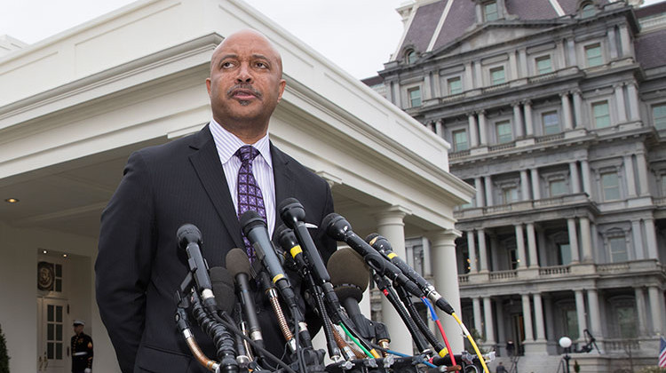 Indiana Attorney General Curtis Hill, shown here speaking to reporters after a meeting on school safety at the White House, is being called on to resign amid allegations he groped four women at a party in March. - AP Photo/J. Scott Applewhite
