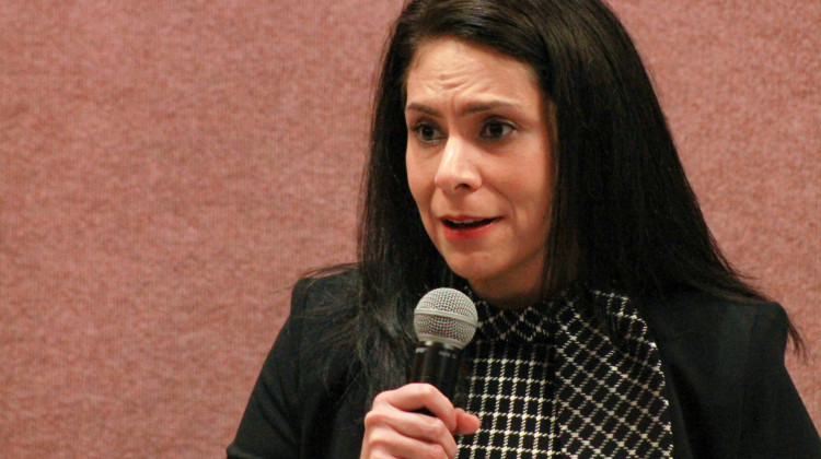 Cyndi Carrasco speaks to Republican precinct caucus members before those members voted to send her to the Indiana Senate on Wednesday, Oct. 18, 2023.  - Brandon Smith/IPB News