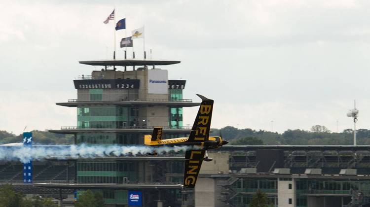 Nigel Lamb flies above the infield of the Indianapolis Motor Speedway during the final round of the Red Bull Air Race on Oct. 2.  - Doug Jaggers/WFYI