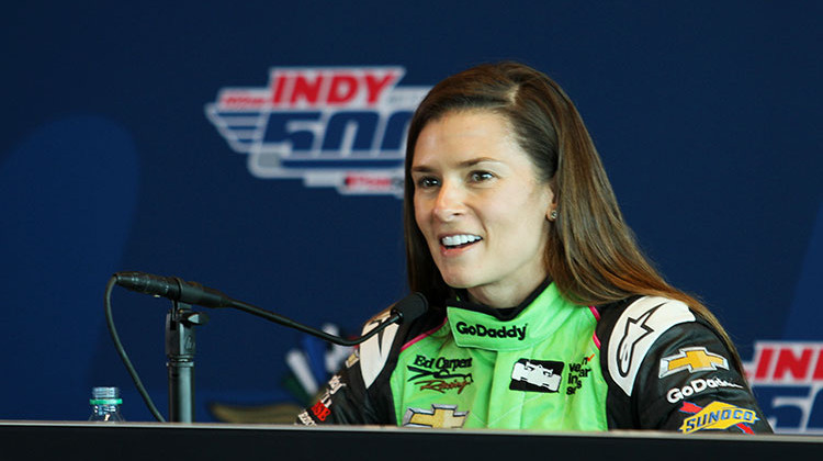 Danica Patrick talks with the press after completing the Indianapolis Motor Speedway's refresher course. - Doug Jaggers/WFYI