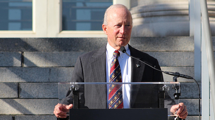 Purdue University President Mitch Daniels speaks during an announcement of a partnership with the U.S. Space Force. - Ben Thorp/WBAA