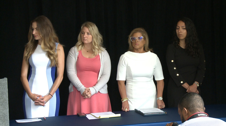 Niki DaSilva, Gabrielle Brock, Rep. Mara Candelaria Reardon (D-Munster) and Samantha Lozano say Attorney General Curtis Hill sexually harassed them. - Brandon Smith/IPB News