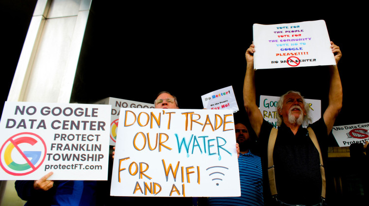 Protestors holding signs opposing Google’s proposed data center in Franklin Township cheer outside the Indianapolis City-County Building on Monday, Sept. 22, 2025. Just hours later, the tech company withdrew its rezoning proposal for the project. - Farrah Anderson / WFYI