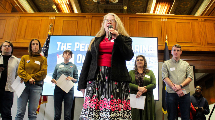 Janice Bacon, who lives in Monrovia, who opposed a Google data center in Morgan County, spoke at the hearing at the Indiana State Library on Tuesday Feb. 24, 2026. - Farrah Anderson / WFYI