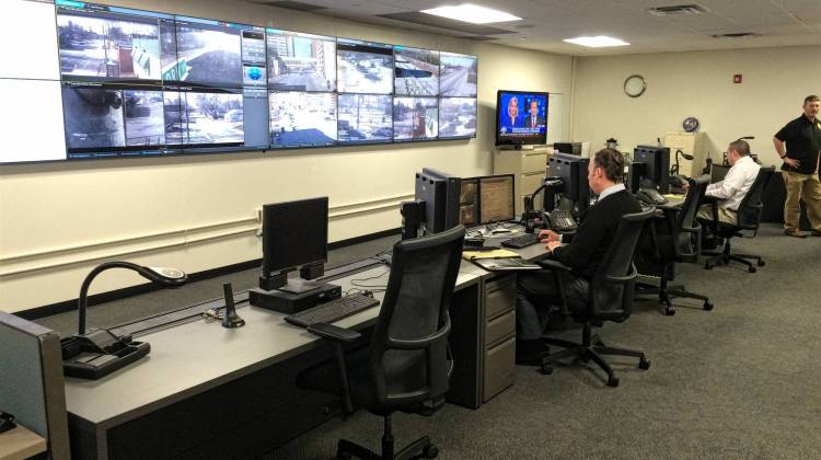 Inside the Regional Operations Center, where IMPD monitors several live cameras around the city. - Ryan Delaney/WFYI