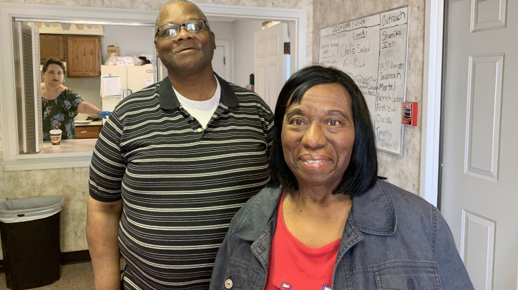 Clubhouse member David Fearance and his caregiver Kat Blane at Circle City Clubhouse. Fearance, a 59-year-old Army veteran has been coming to this converted office building on Indy's west side for nearly three years. - Jill Sheridan/IPB News