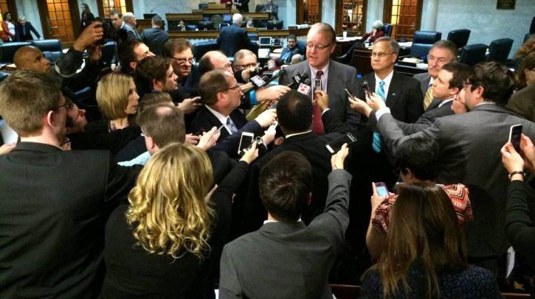 Senate President Pro Tem David Long, speaks to the media on the floor of Senate after it was announced the LGB rights bill would not receive a vote. - Drew Daudelin
