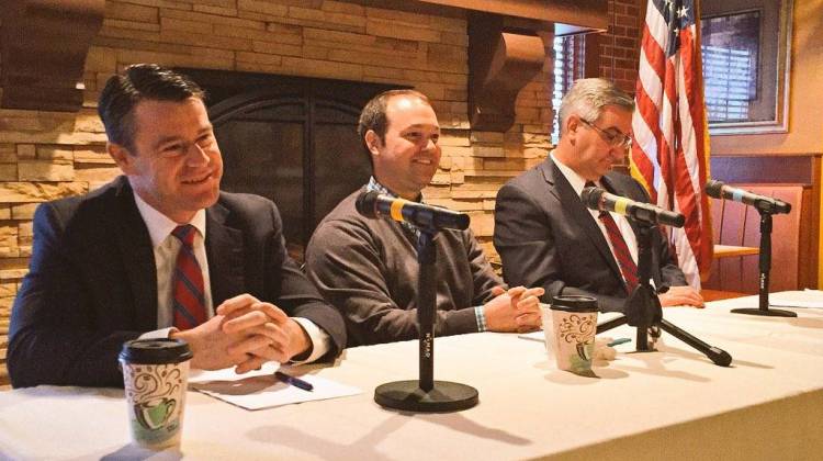 The three Republican candidates for U.S. Senate from Indiana, Rep. Todd Young, Rep. Marlin Stutzman, and Eric Holcomb, prepare for their first debate in Kokomo Saturday. - Brandon Smith/IPBS