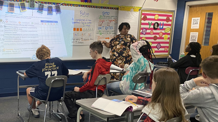 Students sit in Katrina Richardson’s seventh grade math class during the first week of the new school year at Decatur Middle School. - Elizabeth Gabriel/WFYI