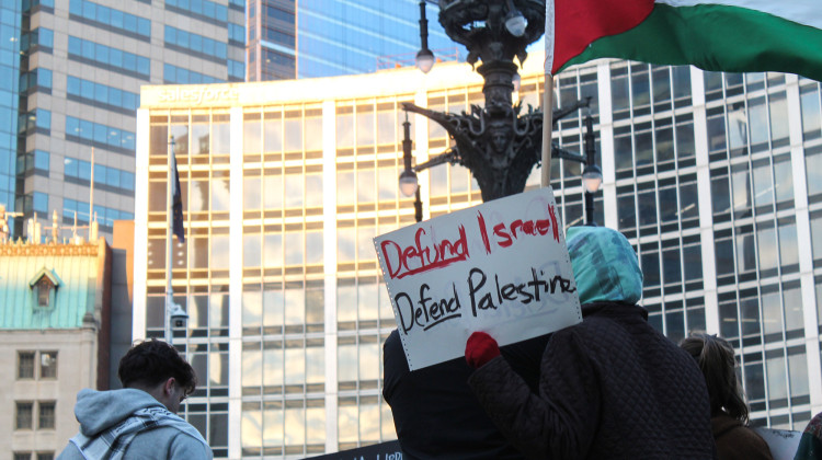 Protesters gathered at Monument Circle in Indianapolis on Nov. 1, 2023, to show support for Palestinians and call on the U.S. to end its support of Israel. Nearly 9,000 people – including 3,600 children – have been killed in Palestine by Israel, according to the Gaza Ministry of Health. - Lauren Chapman/IPB News