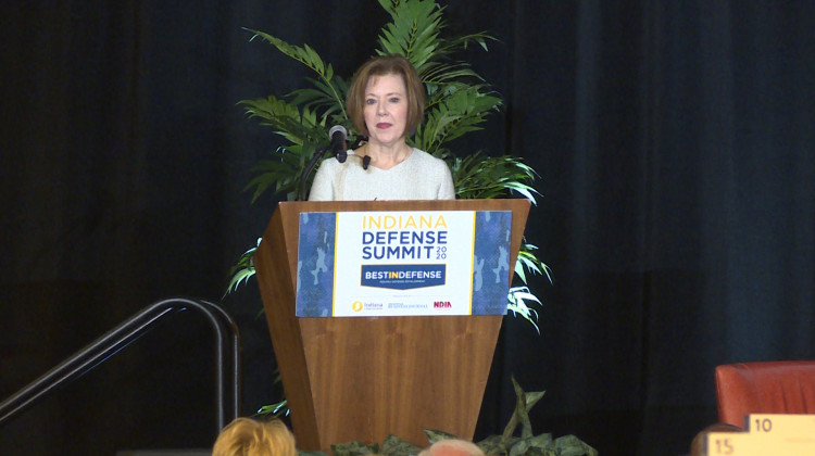 Department of Defense Chief Management Officer Lisa Hershman speaks at the inaugural Indiana Defense Summit held in Indianapolis. - Alan Mbathi/IPB News