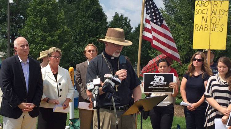 (From L to R) State Senator Mike Delph (R-Carmel), Sue Swayze, State Senator Brent Waltz (R-Greenwood), and Evangelical Orthodox Bishop Joshua Beecham at today's rally. - Brandon Smith