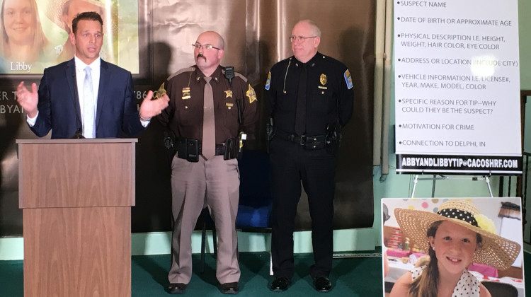 Carroll County Prosecutor Nick McLeland (left) speaks during a Feb. 13, 2019, the two-year anniversary of the murders of Abby Williams and Libby German. - Stan Jastrzebski/WBAA News