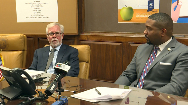 Senate Minority Leader Tim Lanane (D-Anderson) and Sen. Eddie Melton (D-Gary) outline the Senate Democrat legislative priorities, including: teacher pay, medical marijuana, pre-existing condition coverage and hate crimes. - Lauren Chapman/IPB News