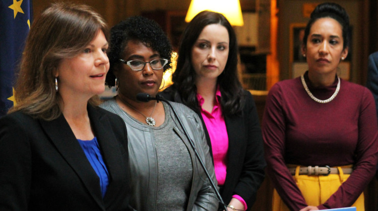 Rep. Carey Hamilton (D-Indianapolis), left, launches the Indiana Democrats' 'Contract With Women' tour on Oct. 17, 2022. Looking on, from left to right, are Rep. Cherrish Pryor (D-Indianapolis); Destiny Wells, the Democratic candidate for Secretary of State; and Victoria Garcia Wilburn, a Democratic candidate for the state House of Representatives.  - Brandon Smith/IPB News