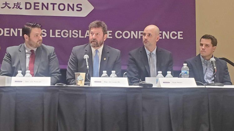 Left to right, Sen. J.D. Ford (D-Indianapolis), Rep. Jim Lucas (R-Seymour), Marion County Prosecutor Ryan Mears, and Matt Roman with Stash Ventures LLC speak about legalizing cannabis in Indiana at the Denton’s Legislative Conference in December. - Samantha Horton/IPB News