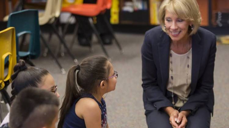 U.S. Education Secretary Betsy DeVos talks with students at St. Stephens Indian School on the Wind River Reservation in Stephens, Wyoming, on September 12. - Photo courtesy: USED