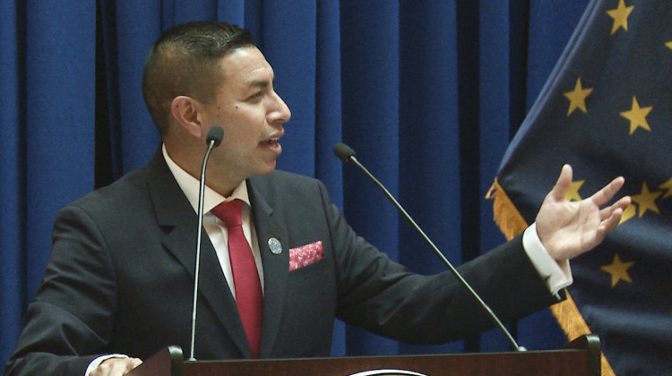 Indiana’s Secretary of State makes a speech after taking his oath of office at Indiana’s Statehouse Monday.  - Violet Comber-Wilen/IPB News