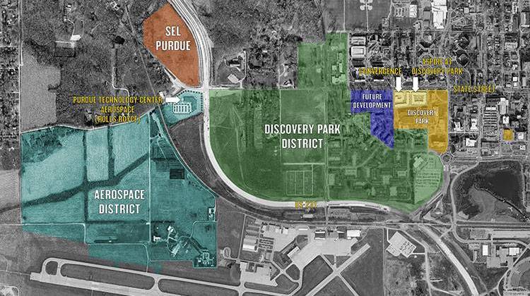 Schweitzer Engineering Laboratories plans to build a 100,000-square-foot facility for electric power research in the Purdue University Discovery Park District. The building will be constructed on 10 acres of a 20-acre plot (highlighted in brown) on the northwest corner of US 231 and State Street in West Lafayette. - Purdue Research Foundation image