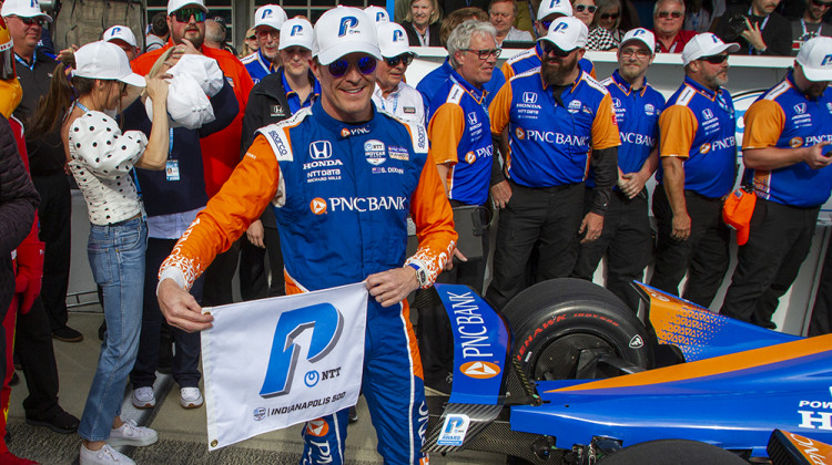 Scott Dixon celebrates winning the pole position for the Indianapolis 500 on Sunday, May 22. - Doug Jaggers/WFYI