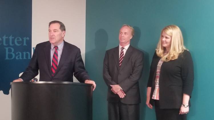 U.S. Sen. Joe Donnelly (D-Ind.) touts federal legislation that would rollback Dodd-Frank banking regulations for community banks and credit unions.  - Samantha Horton/IPB News