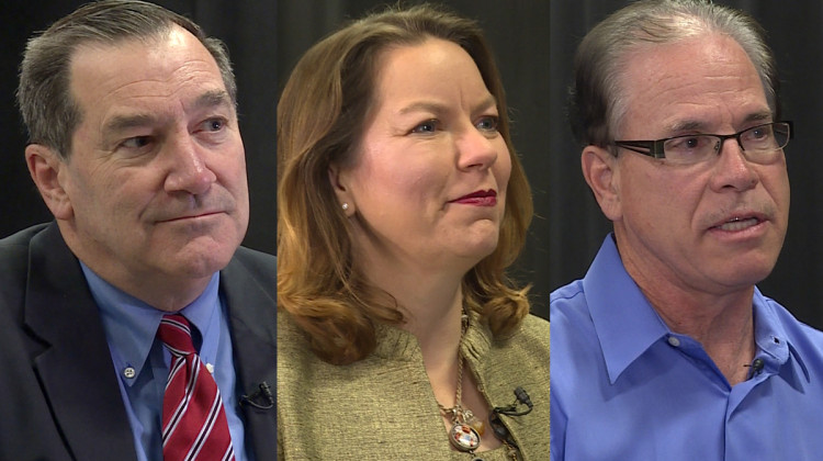 Indiana U.S. Senate candidates, from left: Sen. Joe Donnelly (D-Ind.), Libertarian Lucy Brenton, Republican Mike Braun. - WTIU