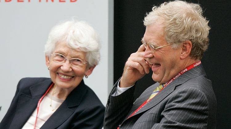 David Letterman and his mother Dorothy Mengering share a laugh during the dedication of the David Letterman Communication and Media Building at Ball State University, Friday, Sept. 7, 2007. - AP Photo/Michael Conroy