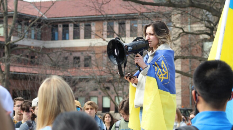 Students held a march in support of Ukraine earlier this year. Now the university is bringing Ukrainian scholars to campus  - (WBAA News/Ben Thorp)